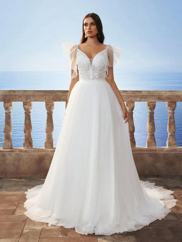 New Ruffled Sleeve Lace & Mesh Backless Wedding Dress