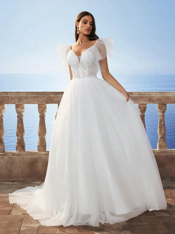 New Ruffled Sleeve Lace & Mesh Backless Wedding Dress