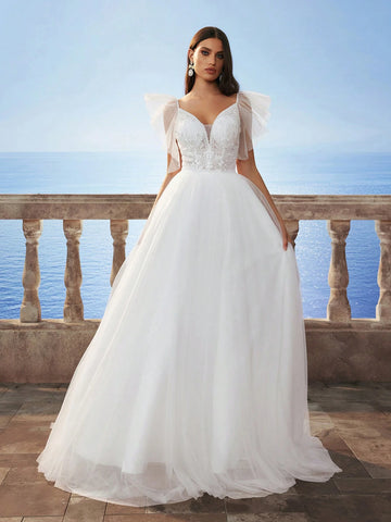 New Ruffled Sleeve Lace & Mesh Backless Wedding Dress