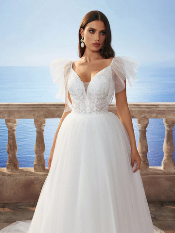 New Ruffled Sleeve Lace & Mesh Backless Wedding Dress