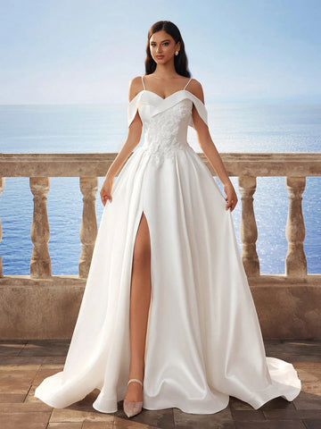New Satin Lace Embroidered Split High-Low Hem Long Wedding Dress