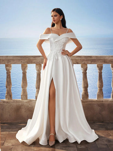 New Satin Lace Embroidered Split High-Low Hem Long Wedding Dress