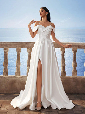 New Satin Lace Embroidered Split High-Low Hem Long Wedding Dress