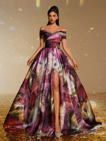 New Satin Off-Shoulder Floral Print Formal Evening Gown