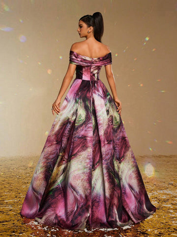 New Satin Off-Shoulder Floral Print Formal Evening Gown