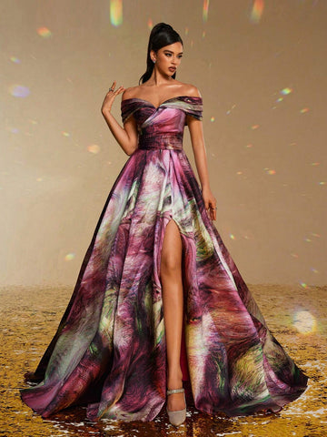 New Satin Off-Shoulder Floral Print Formal Evening Gown