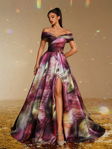 New Satin Off-Shoulder Floral Print Formal Evening Gown