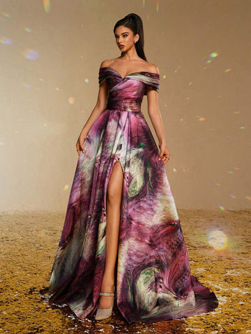New Satin Off-Shoulder Floral Print Formal Evening Gown