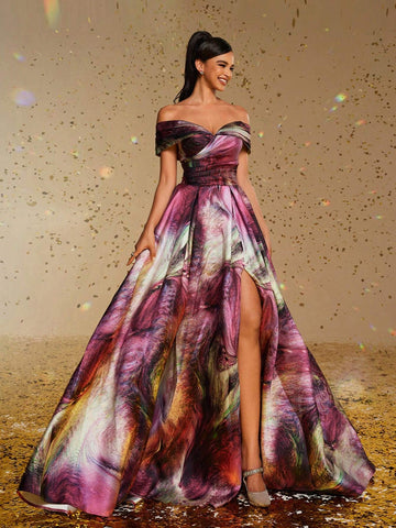 New Satin Off-Shoulder Floral Print Formal Evening Gown