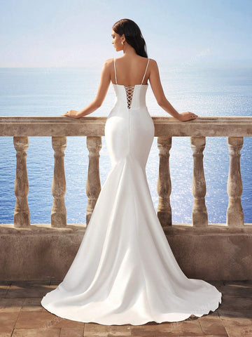 New Satin Sexy Spaghetti Strap V-Neck Fitted Fishtail Trailing Wedding Dress White