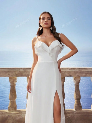 New Satin Sleeveless Ruffled Hem Dress For Brides, Party Gifts & Events, In White Color