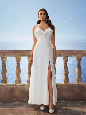 New Satin Sleeveless Ruffled Hem Dress For Brides, Party Gifts & Events, In White Color