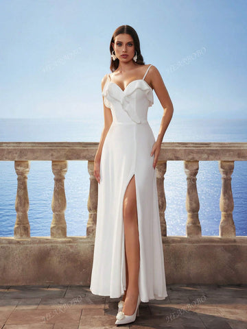 New Satin Sleeveless Ruffled Hem Dress For Brides, Party Gifts & Events, In White Color