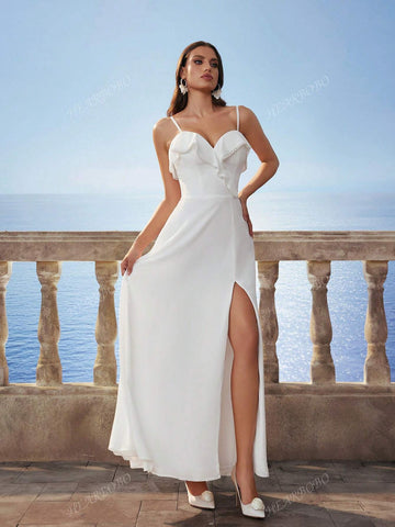 New Satin Sleeveless Ruffled Hem Dress For Brides, Party Gifts & Events, In White Color