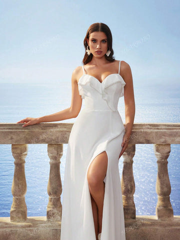 New Satin Sleeveless Ruffled Hem Dress For Brides, Party Gifts & Events, In White Color