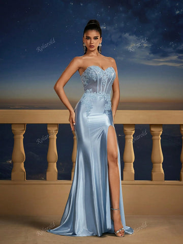 New Sexy Strapless High Slit Fishtail Evening Dress Bridesmaid Gown