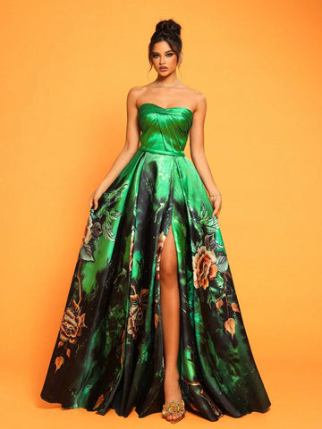 New Sexy Strapless Slim-Fit Thigh-High Split Women's Evening Party Dress (Heavy Design)