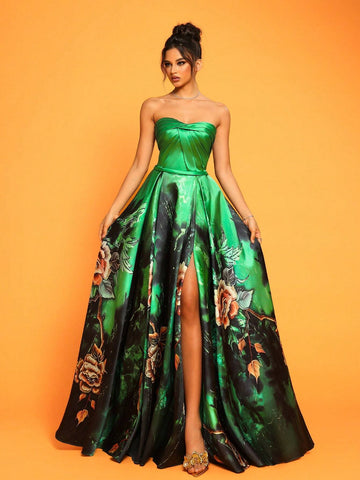 New Sexy Strapless Slim-Fit Thigh-High Split Women's Evening Party Dress (Heavy Design)