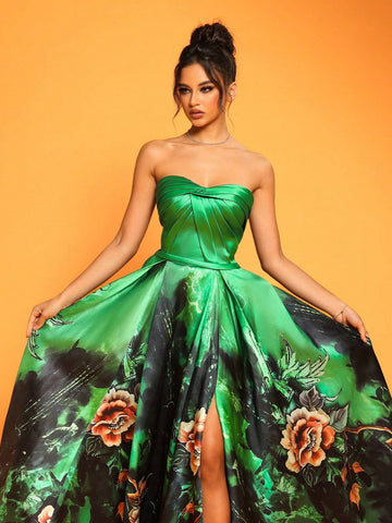 New Sexy Strapless Slim-Fit Thigh-High Split Women's Evening Party Dress (Heavy Design)