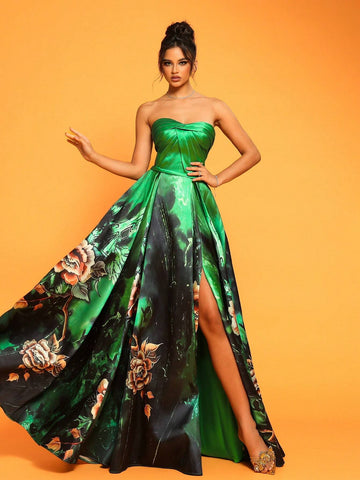 New Sexy Strapless Slim-Fit Thigh-High Split Women's Evening Party Dress (Heavy Design)