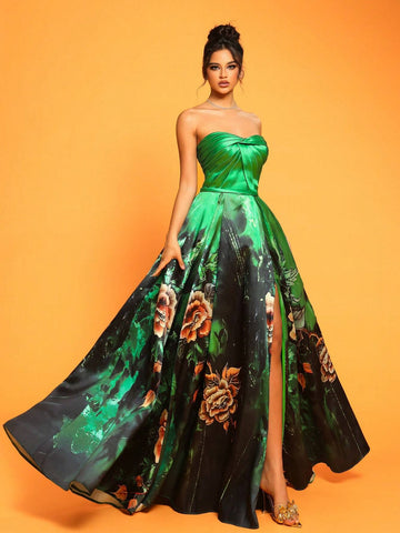 New Sexy Strapless Slim-Fit Thigh-High Split Women's Evening Party Dress (Heavy Design)