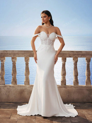 New Sexy V-Neck Pearl Embellished Mermaid Hem Formal Gown, Elegant Bridal Wedding Dress, White