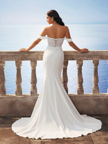 New Sexy V-Neck Pearl Embellished Mermaid Hem Formal Gown, Elegant Bridal Wedding Dress, White