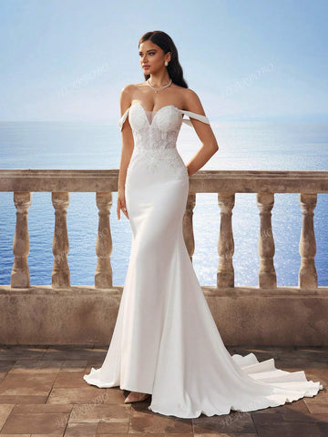 New Sexy V-Neck Pearl Embellished Mermaid Hem Formal Gown, Elegant Bridal Wedding Dress, White