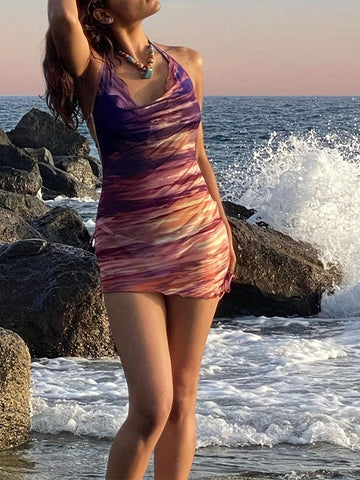 New Sexy Women Halter Neck Bodycon Dress With Deep V-Back And Layered Collar