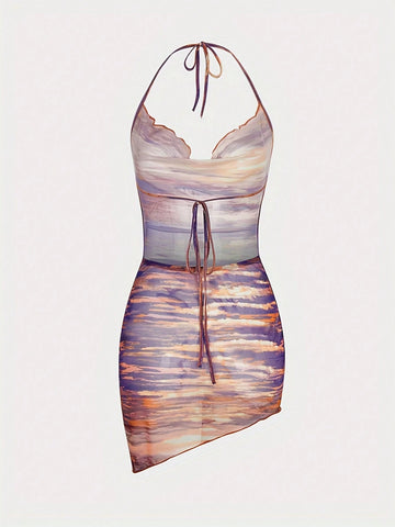 New Sexy Women Halter Neck Bodycon Dress With Deep V-Back And Layered Collar
