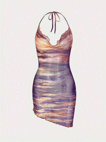 New Sexy Women Halter Neck Bodycon Dress With Deep V-Back And Layered Collar