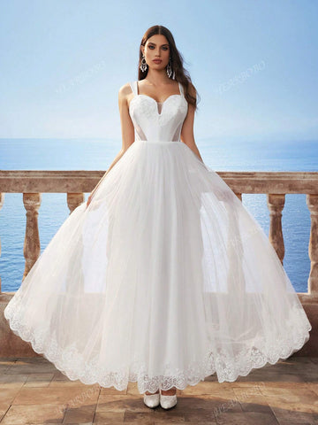 New Sleeveless White Lace Hollow Waist Mesh Long Dress, Bridal Wedding Dress For Bride, Can Be Worn To Wedding Events And Everyday