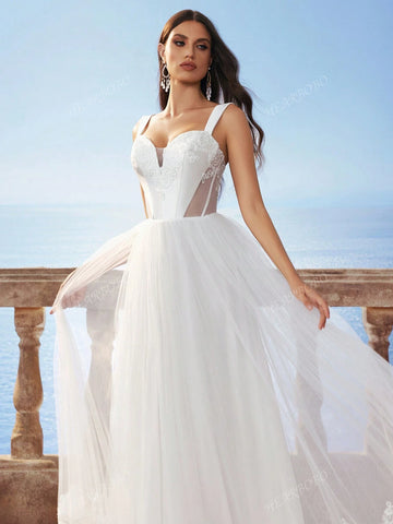 New Sleeveless White Lace Hollow Waist Mesh Long Dress, Bridal Wedding Dress For Bride, Can Be Worn To Wedding Events And Everyday