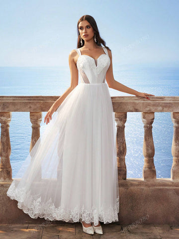 New Sleeveless White Lace Hollow Waist Mesh Long Dress, Bridal Wedding Dress For Bride, Can Be Worn To Wedding Events And Everyday