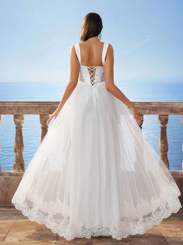 New Sleeveless White Lace Hollow Waist Mesh Long Dress, Bridal Wedding Dress For Bride, Can Be Worn To Wedding Events And Everyday