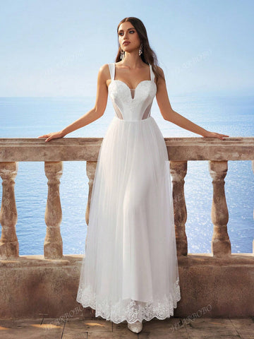 New Sleeveless White Lace Hollow Waist Mesh Long Dress, Bridal Wedding Dress For Bride, Can Be Worn To Wedding Events And Everyday