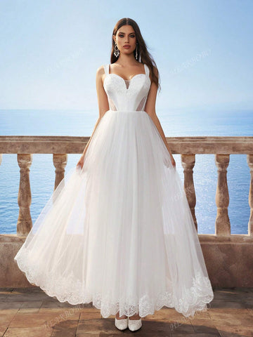 New Sleeveless White Lace Hollow Waist Mesh Long Dress, Bridal Wedding Dress For Bride, Can Be Worn To Wedding Events And Everyday