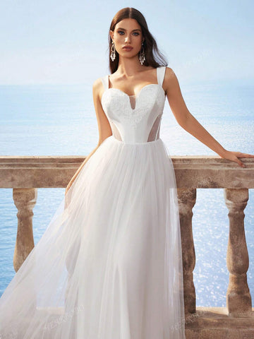 New Sleeveless White Lace Hollow Waist Mesh Long Dress, Bridal Wedding Dress For Bride, Can Be Worn To Wedding Events And Everyday