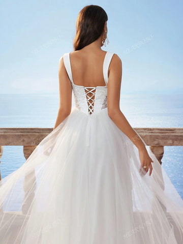 New Sleeveless White Lace Hollow Waist Mesh Long Dress, Bridal Wedding Dress For Bride, Can Be Worn To Wedding Events And Everyday