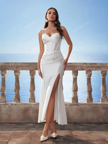 New Spaghetti Strap Mermaid Split Wedding Dress, Sexy And Elegant Bridal Gown