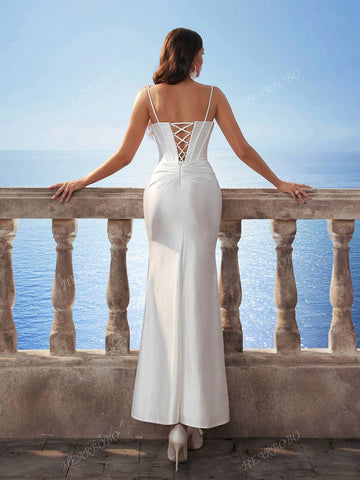 New Spaghetti Strap Mermaid Split Wedding Dress, Sexy And Elegant Bridal Gown