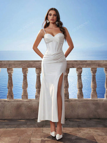 New Spaghetti Strap Mermaid Split Wedding Dress, Sexy And Elegant Bridal Gown