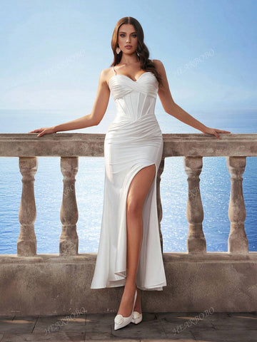 New Spaghetti Strap Mermaid Split Wedding Dress, Sexy And Elegant Bridal Gown