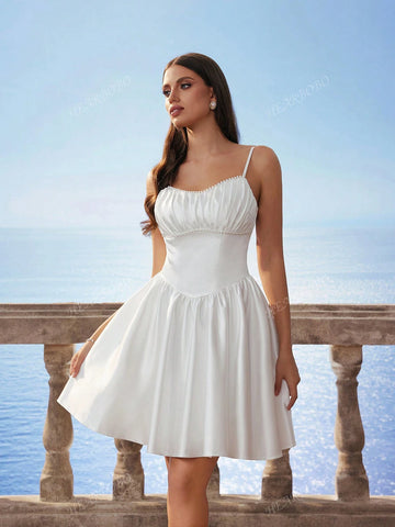 New Spaghetti Strap Pearl Decor Waistline Elegant Sweetheart Puff Skirt Party Dress Bridal Gown White