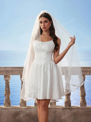 New Spaghetti Strap Pearl Decor Waistline Elegant Sweetheart Puff Skirt Party Dress Bridal Gown White