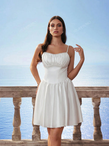 New Spaghetti Strap Pearl Decor Waistline Elegant Sweetheart Puff Skirt Party Dress Bridal Gown White