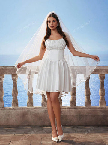 New Spaghetti Strap Pearl Decor Waistline Elegant Sweetheart Puff Skirt Party Dress Bridal Gown White