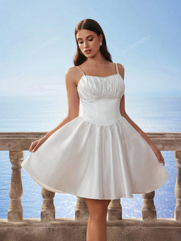 New Spaghetti Strap Pearl Decor Waistline Elegant Sweetheart Puff Skirt Party Dress Bridal Gown White