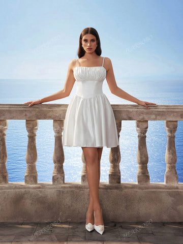 New Spaghetti Strap Pearl Decor Waistline Elegant Sweetheart Puff Skirt Party Dress Bridal Gown White