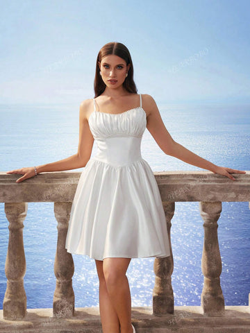 New Spaghetti Strap Pearl Decor Waistline Elegant Sweetheart Puff Skirt Party Dress Bridal Gown White